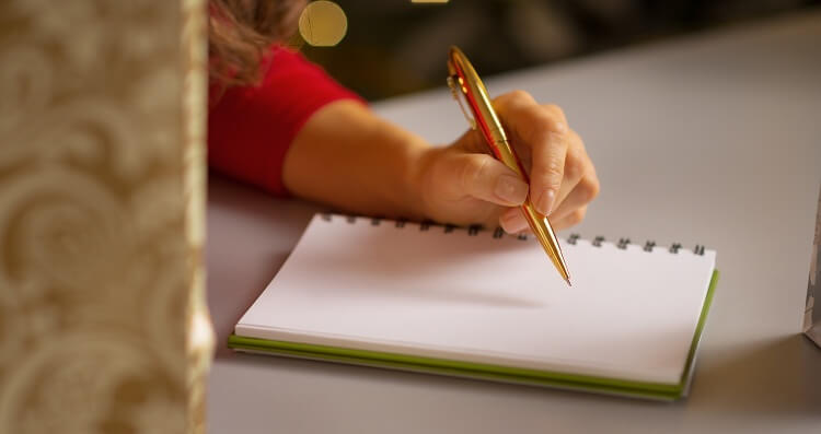 Closeup on young woman writing in notebook list of christmas purchasings